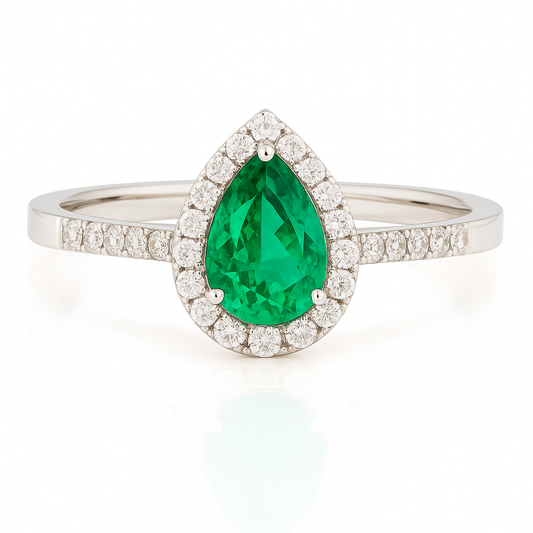 Pear-Shaped Emerald Halo Ring with Natural Diamonds