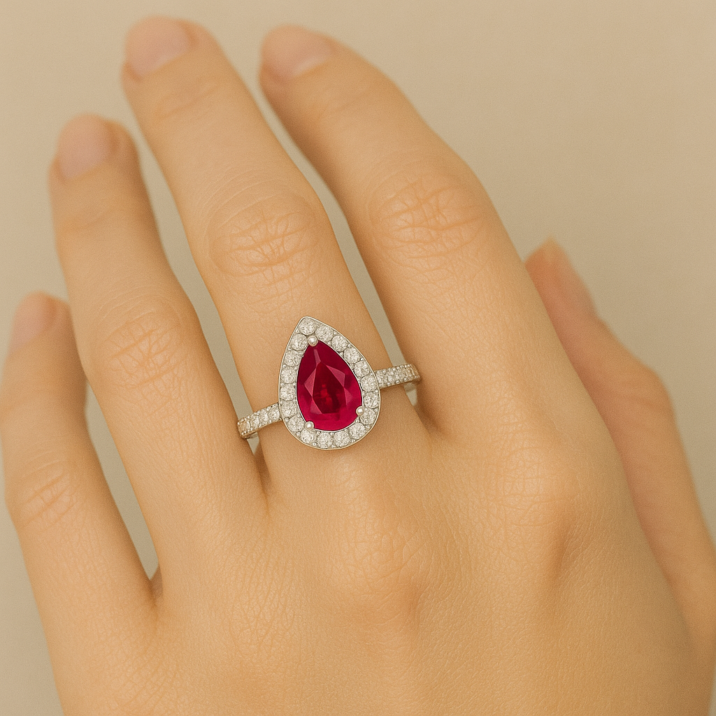 Pear-Shaped Ruby Halo Ring with Natural Diamonds