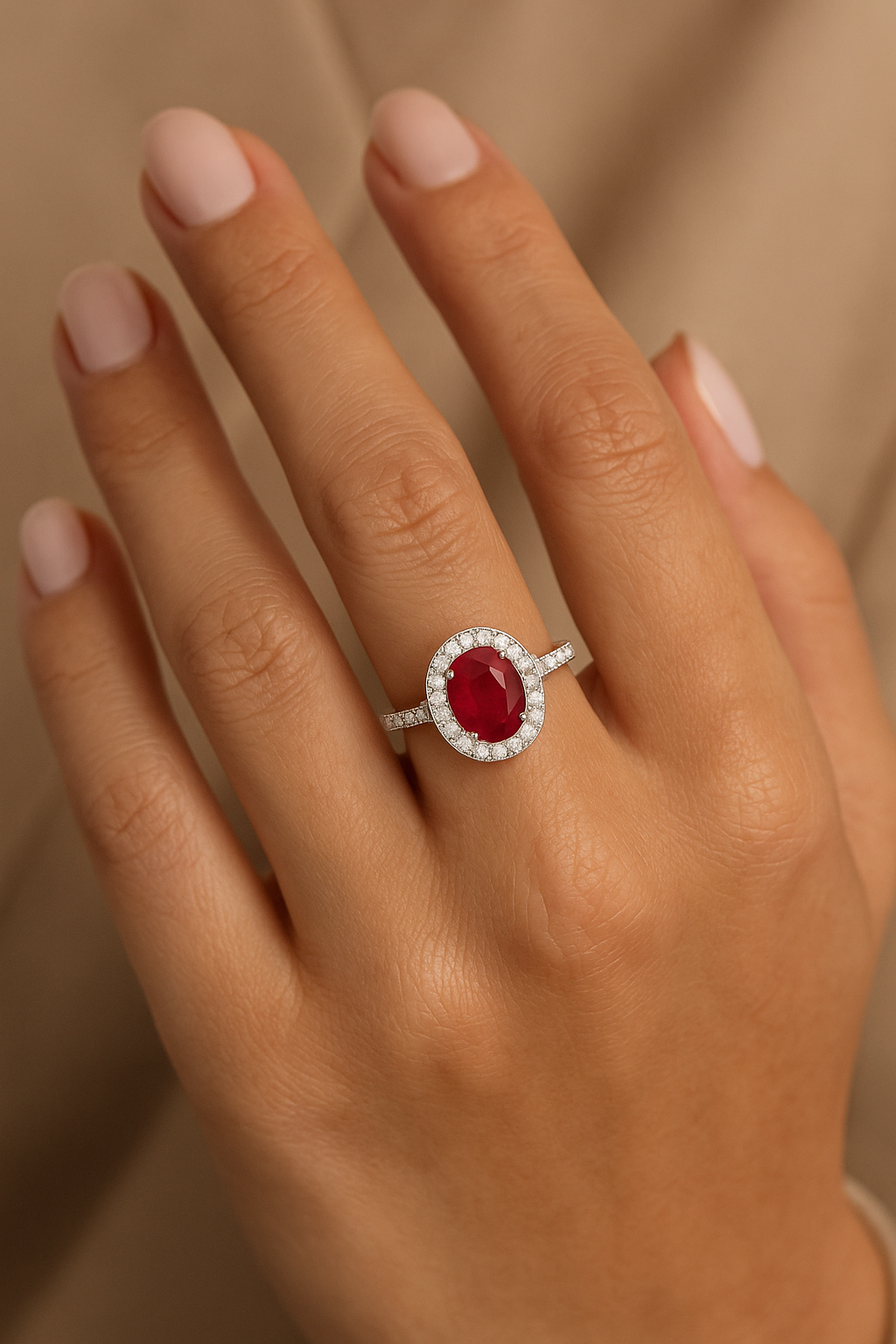 Oval Ruby Halo Ring with Diamond Accents