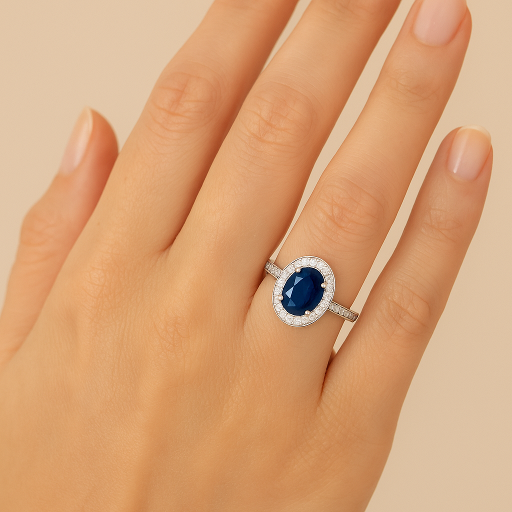 Oval Sapphire Halo Ring with Diamond-Set Band