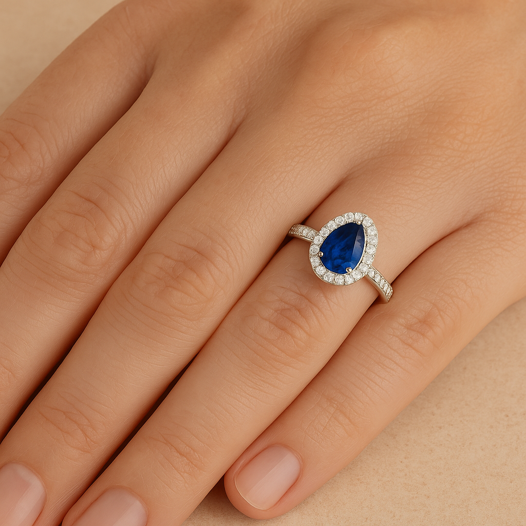 Pear-Shaped Sapphire Halo Ring with Natural Diamonds