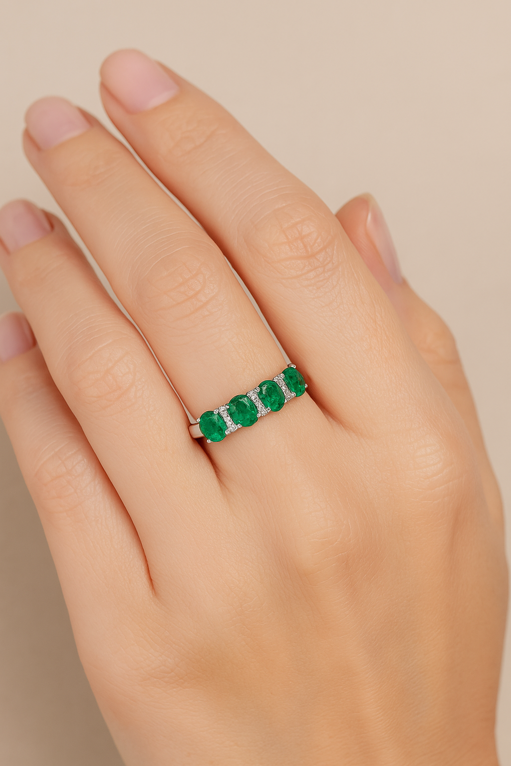 Emerald Five-Stone Eternity Ring with Natural Diamonds