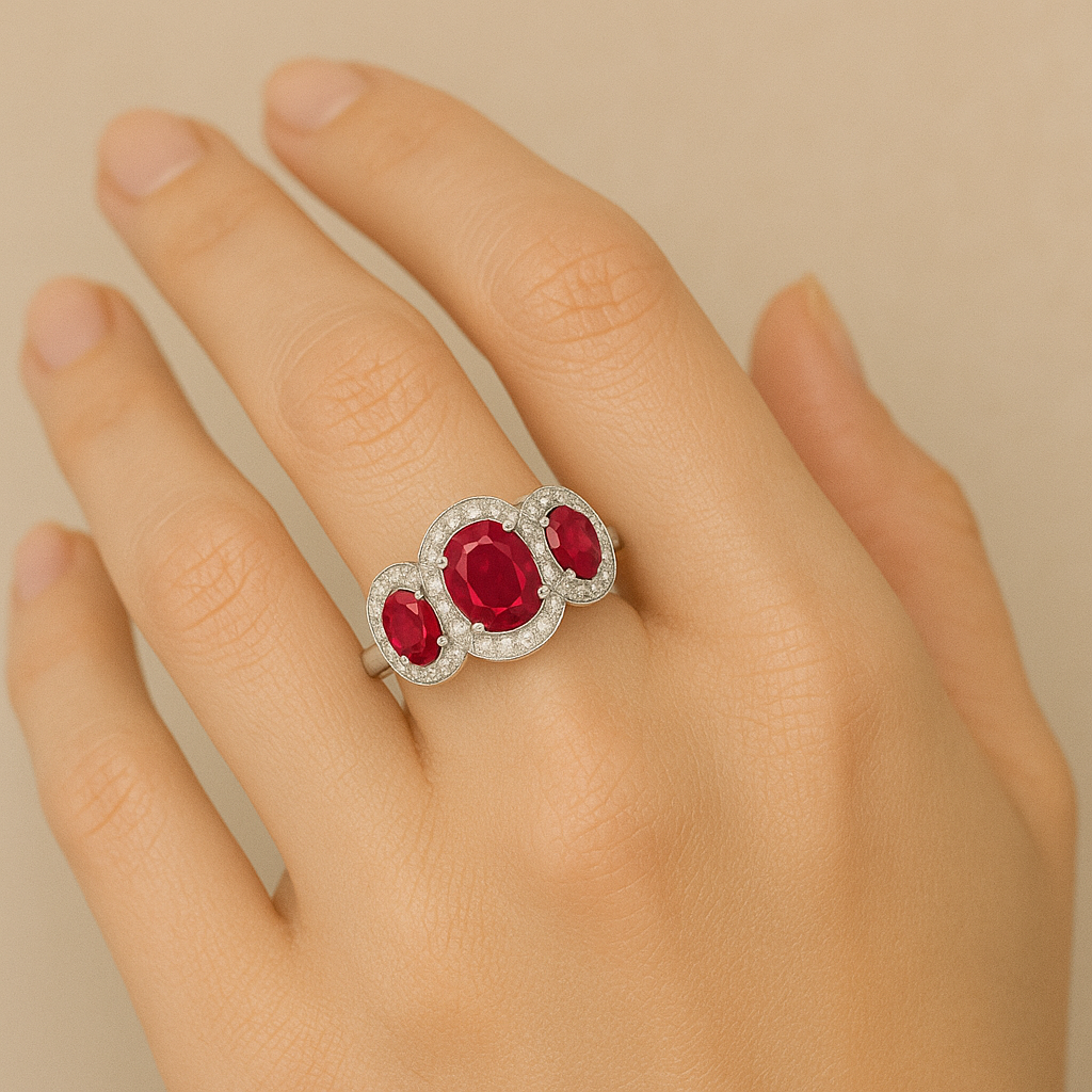 Trilogy Ruby Ring – Center Oval 7x5 mm with Side 5x4 mm Rubies and Diamond Halo