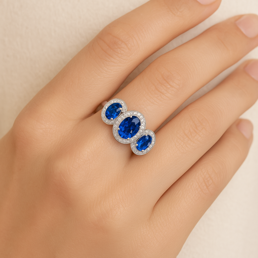 Trilogy Sapphire Ring – Center Oval 7x5 mm with Side 5x4 mm Sapphires and Diamond Halo