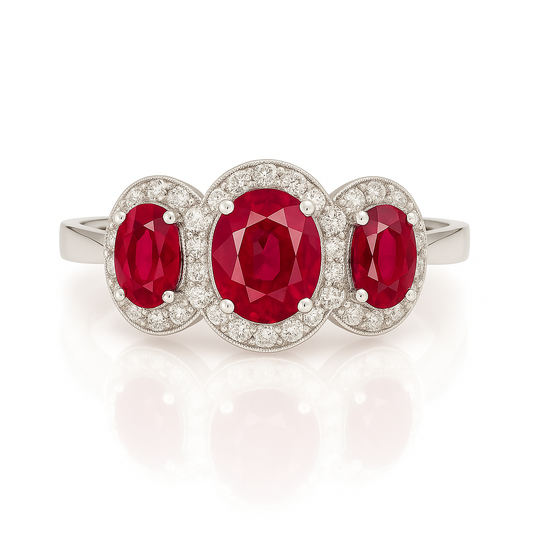 Trilogy Ruby Ring – Center Oval 7x5 mm with Side 5x4 mm Rubies and Diamond Halo