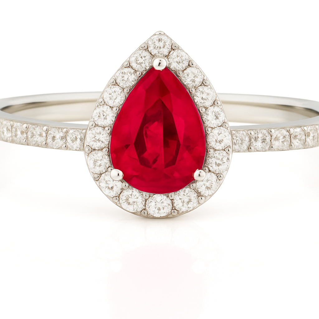 Pear-Shaped Ruby Halo Ring with Natural Diamonds