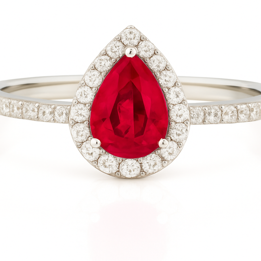 Pear-Shaped Ruby Halo Ring with Natural Diamonds