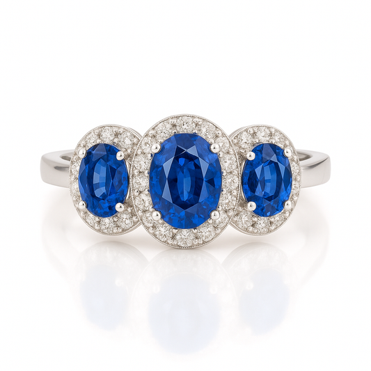 Trilogy Sapphire Ring – Center Oval 7x5 mm with Side 5x4 mm Sapphires and Diamond Halo