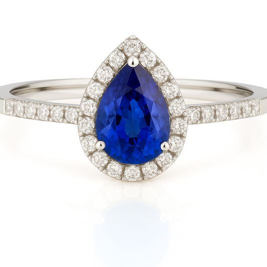 Pear-Shaped Sapphire Halo Ring with Natural Diamonds